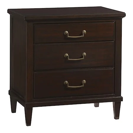 Transitional Three Drawer Leighton Nightstand with Burnished Brass Hardware